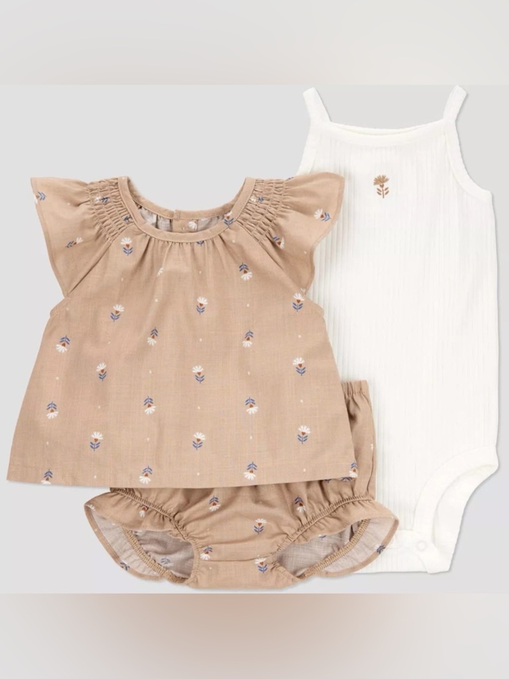 Baby 3-Piece Floral Tank & Bodysuit Set - Beige & Cream size 12M
